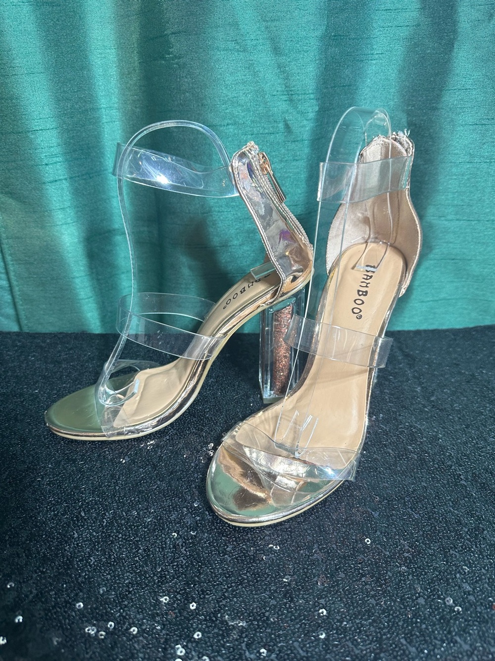 Bamboo Clear PVC Strap Rose Gold Block Heel Sandals